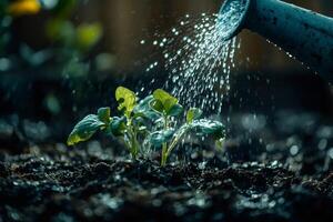 Watering can pouring water on seedlings growing in fertile soil photo