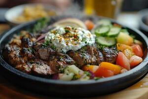 Sizzling grilled lamb with tzatziki, vegetables, and aromatic herbs steaming hot photo