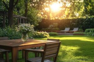 Wooden table and chairs in beautiful garden setting during sunset with flowers photo