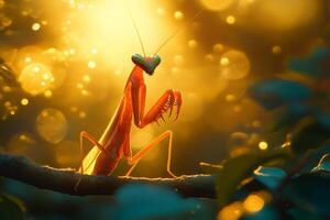 Praying mantis posing on a branch at sunset with golden bokeh background photo