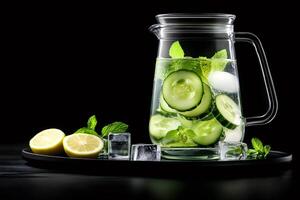 Refreshing summer drink with cucumber, lemon and mint in a glass jug photo