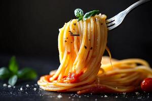 Spaghetti with tomato sauce, basil and grated cheese twirled on a fork photo
