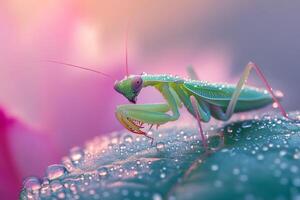 Praying mantis standing on wet leaf in vibrant colors photo