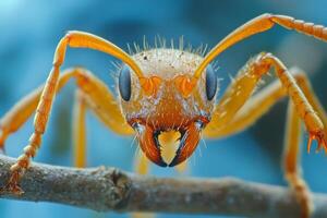 Orange ant standing on a branch with blue background.. photo