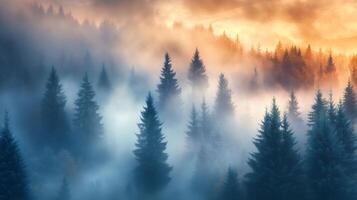Golden sunrise illuminating misty conifer forest landscape photo
