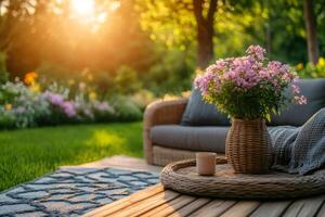 Cozy backyard patio with blooming flowers at sunset creating relaxing ambiance photo