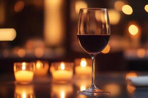 Glass of red wine illuminating romantic restaurant atmosphere with candles photo