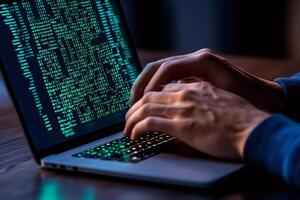 Programmer writing code on laptop keyboard in dark room photo