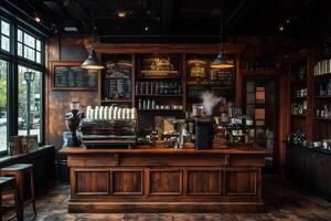 Coffee shop counter with steaming espresso machine and chalkboard menu photo