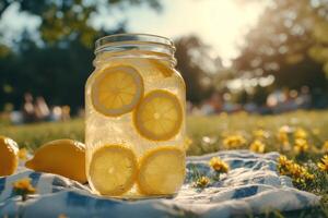 Refreshing lemonade in a jar enjoying summer vibes in the park photo