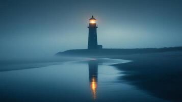 Lighthouse illuminating foggy coastline at twilight photo