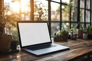 Laptop with blank screen displaying on wooden table next to plants and window photo