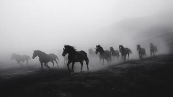 Wild horses running in the mist on the prairie photo