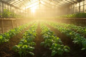 Seedlings growing in greenhouse with golden sunlight illuminating plants photo