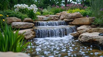 Cascading waterfall enhancing tranquil garden setting with lush greenery.... photo