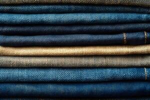 Stack of folded denim jeans and fabrics creating textured background photo