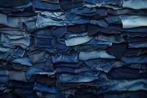 Stack of folded denim jeans showing variety of washes and textures photo