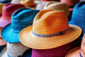 Colorful straw hats hanging in a row creating a fashionable display photo