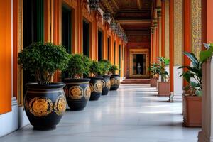 Ornate corridor featuring decorative planters and traditional asian architecture photo