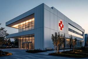 Modern hospital building with illuminated red cross symbol at dusk photo