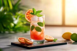 Refreshing grapefruit and mint summer cocktail with ice and citrus fruits photo