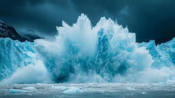 Glacier collapsing and creating huge wave in ocean, climate change concept photo