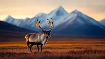 Reindeer standing in a field with mountains in the background at sunset photo