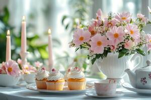 Cupcakes and pink flowers creating a cozy atmosphere for afternoon tea photo