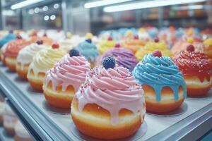 Delicious donuts with icing and sprinkles displayed in bakery window photo