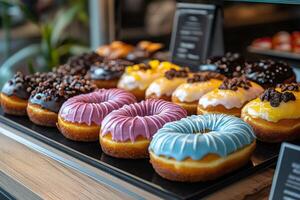Delicious colorful donuts with frosting sitting on display shelf photo