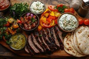 Grilled flank steak with pita bread, grilled vegetables, and various sauces photo