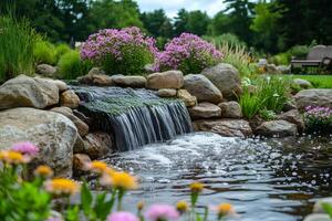 Small waterfall cascading into tranquil pond in lush garden.. . photo