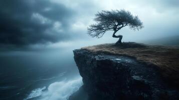 Lonely tree standing on a cliff overlooking stormy ocean under dark clouds photo