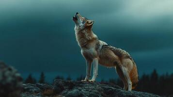 Gray wolf howling on a rock at dusk in a moody atmosphere photo