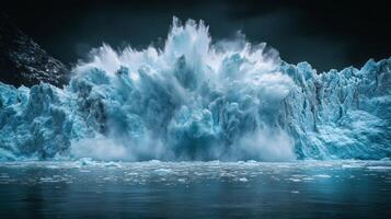 Glacier collapsing dramatically creating huge splash of ice and water photo