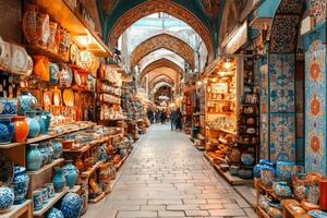 Tourists walking in tabriz bazaar with traditional persian ceramics and handicrafts photo