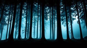 Mysterious fog rolling through dark forest of pine trees photo