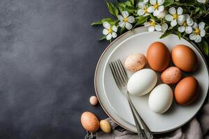 Easter table setting with natural colored eggs on a plate decorated with spring flowers photo