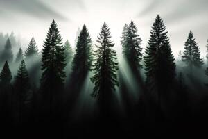 Sunbeams filtering through fog in majestic pine forest photo