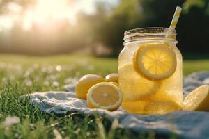 Refreshing lemonade in a mason jar enjoying the sunset in a park photo