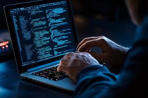 Programmer writing code on a laptop in a dark room photo