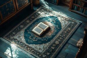 Open book lying on elegant persian carpet in library room photo