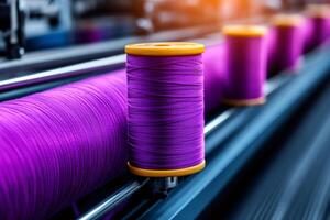 Purple thread reels feeding a weaving machine in a textile factory photo