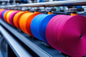 Colorful spools of thread rotating in a textile factory photo