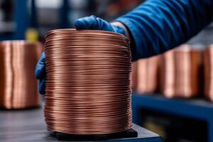 Production worker wearing gloves handling copper wire coil in factory warehouse photo