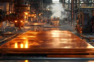 Copper sheets being processed in a metalworking factory photo