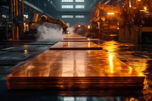 Robotic arms processing copper sheets in a metalworking factory photo