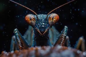 Praying mantis covered in dew drops under rain posing on a branch photo