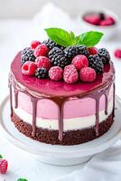 Delicious layered raspberry cake decorated with fresh berries and chocolate drizzle photo