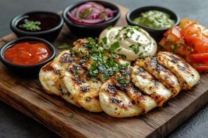 Grilled halloumi cheese slices with various sauces and toppings on wooden board photo